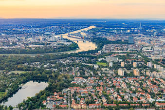 Blick bis zu den Rheinbrücken und Hafen-Mannheim im Ortsteil Niederfeld im Bundesland Baden-Württemberg, Deutschland