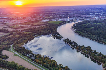 Kiefweiher am Rhein bei Sonnenuntergang mit Sportboot-Club Ludwigshafen/ Rhein und  MCP Yacht Club und Restaurant Ludwigshafen im Ortsteil Rheingönheim in Ludwigshafen am Rhein im Bundesland Rheinland-Pfalz, Deutschland