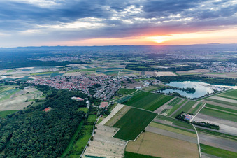 Sonnenuntergang über der Landschaft der Rheinebene in Waldsee im Bundesland Rheinland-Pfalz, Deutschland
