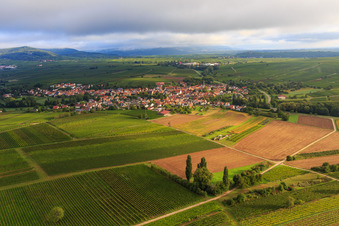 Dorfansicht aus Süden in Göcklingen im Bundesland Rheinland-Pfalz, Deutschland