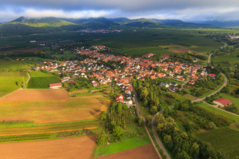 Dorfansicht am Kaiserbach aus Südwesten in Göcklingen im Bundesland Rheinland-Pfalz, Deutschland