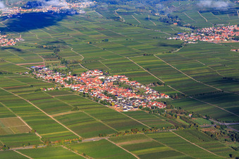 Dorfansicht inmitten von Weinbergen aus Südosten in Roschbach im Bundesland Rheinland-Pfalz, Deutschland