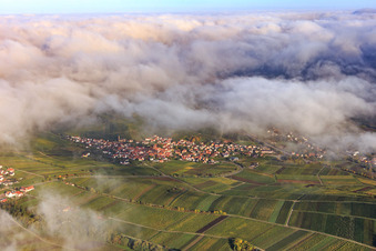 Luftbild von Winzerdorfansicht unter Wolken in Birkweiler im Bundesland Rheinland-Pfalz, Deutschland