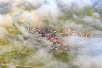 Luftaufnahme von Winzerdorfansicht unter Wolken in Birkweiler im Bundesland Rheinland-Pfalz, Deutschland