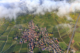 Winzerdorfansicht am Keschdebusch unter Wolken aus Osten in Birkweiler im Bundesland Rheinland-Pfalz, Deutschland