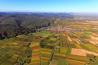 Winzerdorf am Haardtrand von Süden in Oberotterbach im Bundesland Rheinland-Pfalz, Deutschland