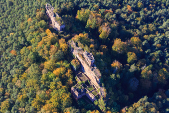 Burgruine Drachenfels in Busenberg im Bundesland Rheinland-Pfalz, Deutschland aus der Luft