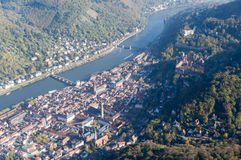 Luftaufnahme von Jesuitenkirche und Heiliggeistkirche in der Altstadt im Ortsteil Kernaltstadt in Heidelberg im Bundesland Baden-Württemberg, Deutschland