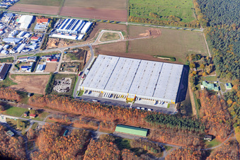 Luftaufnahme von Industriegebiet Waldstückerring mit Logistikhalle für Continental Reifen Gmbh und FIEGE Logistik aus Osten in Bellheim im Bundesland Rheinland-Pfalz, Deutschland