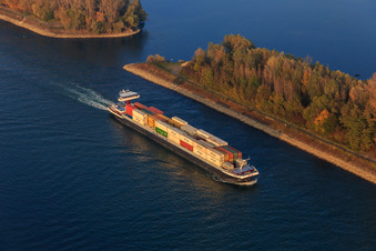 Containerfrachtschiff auf dem Rhein beim Rußheimer Altrhein in Germersheim im Bundesland Rheinland-Pfalz, Deutschland