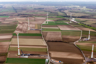 Baustelle des Windparks Freckenfeld der EnBW -für Windenergieanlage mit 6 Windrädern im Bundesland Rheinland-Pfalz, Deutschland vom Flugzeug aus