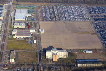 Insel Grün mit mit KFZ-Lager der MOSOLF Logistics & Services GmbH in Germersheim im Bundesland Rheinland-Pfalz, Deutschland