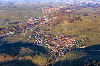 Weinort zu Füßen des Kastanienbusch / Keschdebusch aus Westen in Birkweiler im Bundesland Rheinland-Pfalz, Deutschland