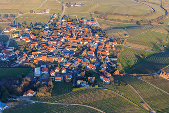 Weinort zwischen Weinbergen im Winter aus Westen in Frankweiler im Bundesland Rheinland-Pfalz, Deutschland