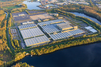 Luftbild von Insel Grün im Lingenfelder Altrhein mit Mercedes-Benz Global Logistics Center und MOSOLF Logistics & Services GmbH in Germersheim im Bundesland Rheinland-Pfalz, Deutschland