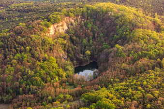 Schrägluftbild von Basaltsee im Naturschutzgebiet Pechsteinkopf am Alten Forster Basalt-Steinbruch in Forst an der Weinstraße im Bundesland Rheinland-Pfalz, Deutschland