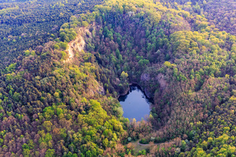 Basaltsee im Naturschutzgebiet Pechsteinkopf am Alten Forster Basalt-Steinbruch in Forst an der Weinstraße im Bundesland Rheinland-Pfalz, Deutschland von oben