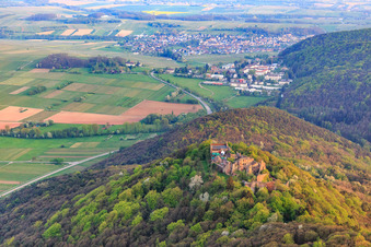 Burgruine Madenburg auf einem herbstlich verfärbten Berg des Pfälzerwalds aus Norden in Eschbach im Bundesland Rheinland-Pfalz, Deutschland