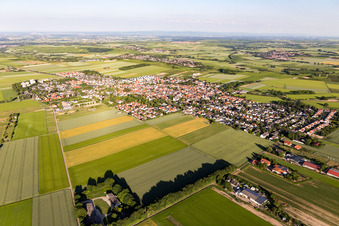 Ortsansicht am Rande von landwirtschaftlichen Feldern und Nutzflächen in Mainz-Ebersheim im Bundesland Rheinland-Pfalz, Deutschland