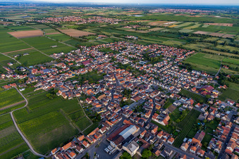 Ortsansicht am Rande von landwirtschaftlichen Feldern und Nutzflächen in Niederkirchen bei Deidesheim im Bundesland Rheinland-Pfalz, Deutschland