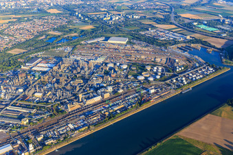 Schrägluftbild von Ortsteil BASF in Ludwigshafen am Rhein im Bundesland Rheinland-Pfalz, Deutschland