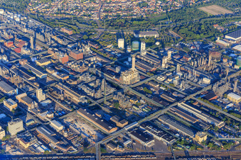 Ortsteil BASF in Ludwigshafen am Rhein im Bundesland Rheinland-Pfalz, Deutschland vom Flugzeug aus
