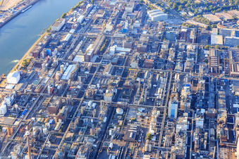 Ortsteil BASF in Ludwigshafen am Rhein im Bundesland Rheinland-Pfalz, Deutschland aus der Drohnenperspektive