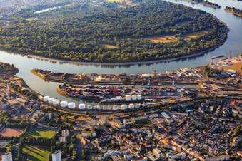 Kaiserwörthhafen und Reisinsel auf der anderen Rheinseite im Ortsteil Mundenheim in Ludwigshafen am Rhein im Bundesland Rheinland-Pfalz, Deutschland