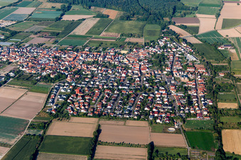 Ortsansicht am Rande von landwirtschaftlichen Feldern und Nutzflächen in Zeiskam im Bundesland Rheinland-Pfalz, Deutschland