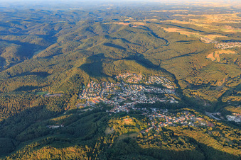 Ortsansicht im Pfälzerwald am Morgen aus Osten in Lemberg im Bundesland Rheinland-Pfalz, Deutschland