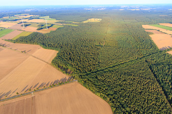 Luftbild von Felder und Wälder der Lüneburger Heide im Ortsteil Wettenbostel in Wriedel im Bundesland Niedersachsen, Deutschland