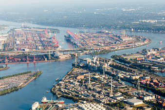 Containerhafen des Waltershofer Hafen hinter dem Geländer der H&R Ölwerke Schindler GmbH im Ortsteil Wilhelmsburg in Hamburg, Deutschland
