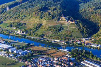 Burg Hornberg mit Hochzeitskapelle über den Weinbergen am Neckar in Neckarzimmern im Bundesland Baden-Württemberg, Deutschland aus der Luft