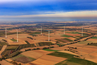 Schrägluftbild von Windpark der EnBW - Windenergieanlage mit 6 Windrädern in Freckenfeld im Bundesland Rheinland-Pfalz, Deutschland