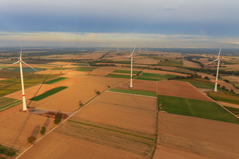 Drohnenaufname von Windpark der EnBW - Windenergieanlage mit 6 Windrädern in Freckenfeld im Bundesland Rheinland-Pfalz, Deutschland