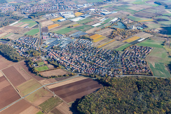 Ortsansicht am Rande von landwirtschaftlichen Feldern und Nutzflächen in Röthlein im Bundesland Bayern, Deutschland
