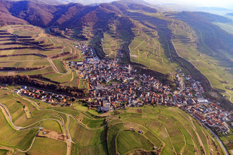 Winzerdorfansicht aus Norden im Ortsteil Kiechlinsbergen in Endingen am Kaiserstuhl im Bundesland Baden-Württemberg, Deutschland