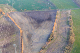 Pflugspuren auf Feld unter Hochspannungsleitung in Leimersheim im Bundesland Rheinland-Pfalz, Deutschland