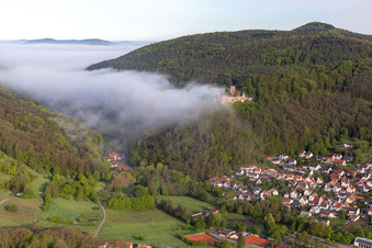 Burg Landeck im Morgennebel in Klingenmünster im Bundesland Rheinland-Pfalz, Deutschland von oben