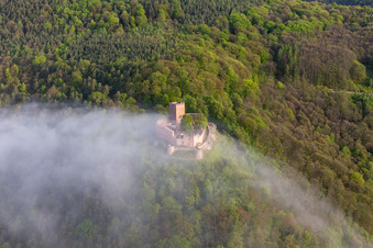 Burg Landeck im Morgennebel in Klingenmünster im Bundesland Rheinland-Pfalz, Deutschland von oben gesehen
