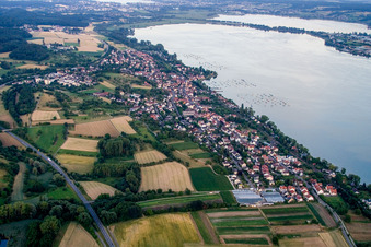 Luftbild von Dorfkern an den See- Uferbereichen des Untersee/Bodensee in Allensbach im Bundesland Baden-Württemberg, Deutschland