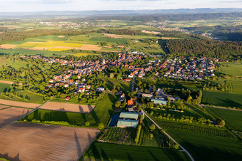 Wald- Gebiete und Forstflächen umsäumen das Siedlungsgebiet des Dorfes in Betra in Horb am Neckar im Bundesland Baden-Württemberg, Deutschland