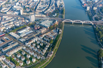 Wohnen am Fluß, Rheinschanzenpromenade im Ortsteil Süd in Ludwigshafen am Rhein im Bundesland Rheinland-Pfalz, Deutschland von oben