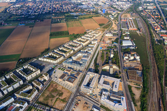 Grüne Meile mit Qube Hotel Bahnstadt und Grundschule Bahnstadt am Gadamerplatz sowie Versorgungsamt Rhein-Neckar-Kreis in Heidelberg im Bundesland Baden-Württemberg, Deutschland