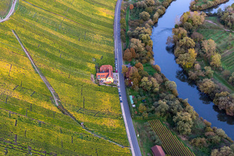 Gebäude des Restaurant Gasthaus Mainaussicht Gifthütte an der Mainschleife in Volkach im Ortsteil Escherndorf im Bundesland Bayern, Deutschland