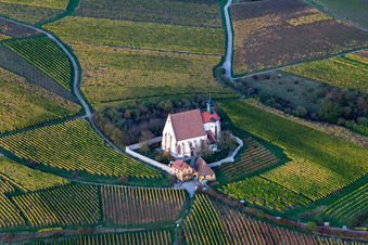 Kirchengebäude der Kapelle Wallfahrtskirche Maria im Weingarten in Volkach im Bundesland Bayern, Deutschland von oben