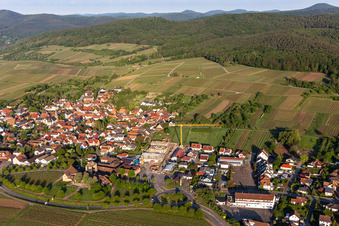 Luftbild von Neubau hinter dem Weintor in Schweigen in Schweigen-Rechtenbach im Bundesland Rheinland-Pfalz, Deutschland