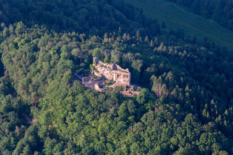 Luftaufnahme von Ruine und Mauerreste der ehemaligen Burg Meistersel in Ramberg im Bundesland Rheinland-Pfalz, Deutschland