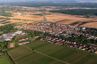 Ortsansicht am Rande von landwirtschaftlichen Feldern und Nutzflächen in Niederhochstadt in Hochstadt im Bundesland Rheinland-Pfalz, Deutschland