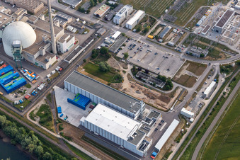 Luftaufnahme von Ehemaliges KKW Phillippsburg nach der Sprengung zum Abriss der beiden Kühltürme in Philippsburg im Bundesland Baden-Württemberg, Deutschland